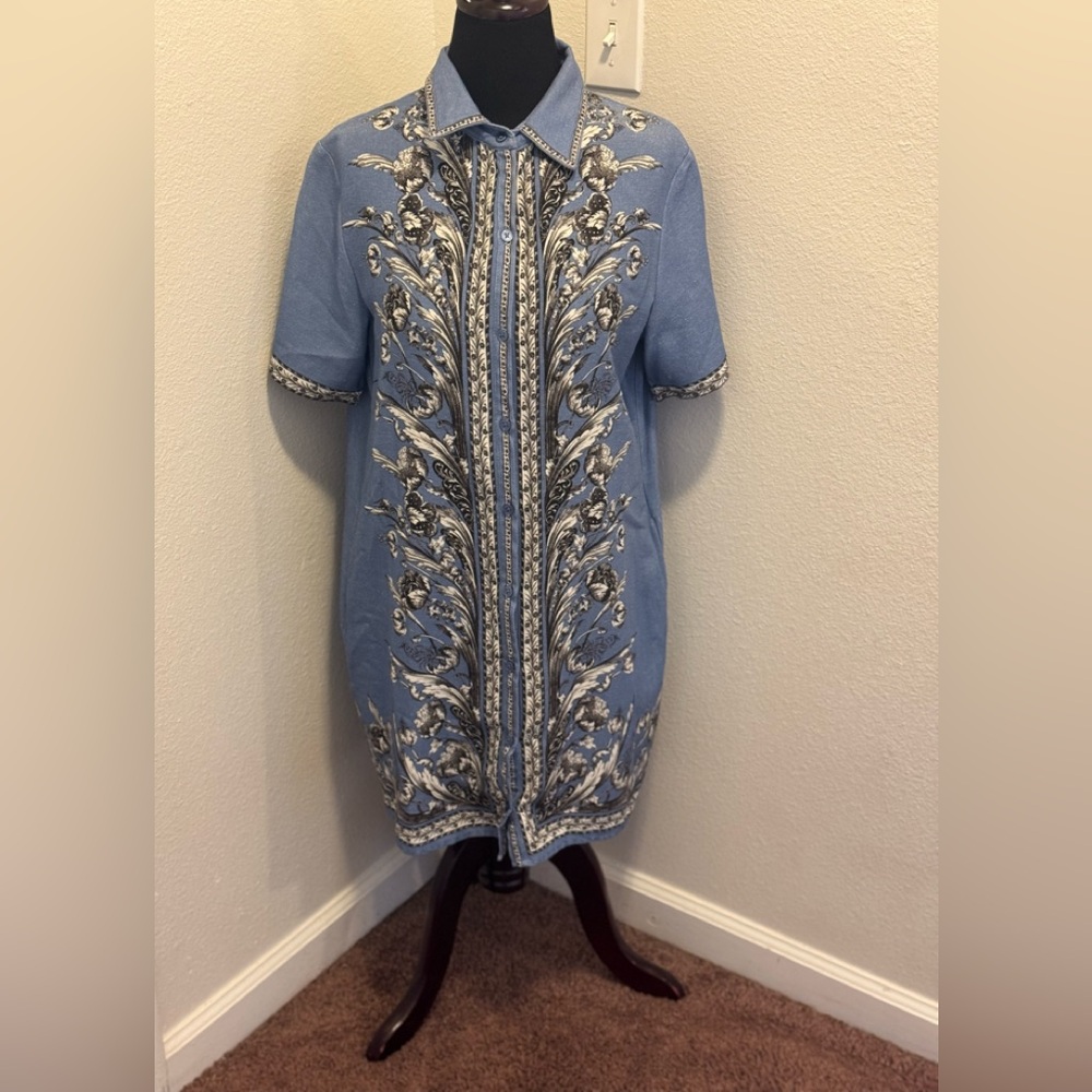 Max Studio Blue Linen Blend Shirt Dress Embroidered Size M NEW - Picture 2 of 12